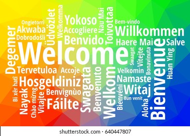 Welcome in different languages wordcloud multicolor low polygonal vector 