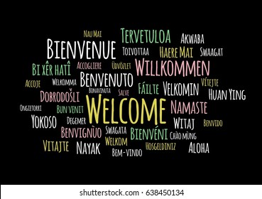 Welcome in different languages wordcloud vector on black background