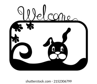 Welcome Dog sign is a template for a laser cutting machine for cardboard, wood and metal. Black stock vector illustration isolated on white background.