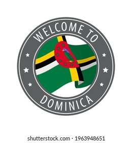 Welcome to Dominica. Gray stamp with a waving country flag. Collection of welcome icons.