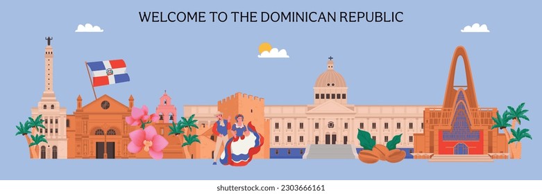 Welcome to dominican republic horizontal ad banner with landmarks and culture items flat vector illustration