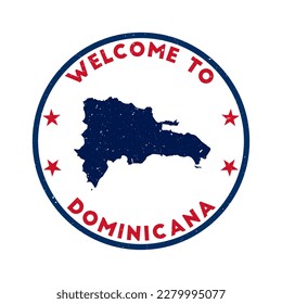 Welcome to Dominicana stamp. Grunge country round stamp with texture in Super Rose Red color theme. Vintage style geometric Dominicana seal. Vibrant vector illustration.