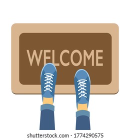 Welcome doormat with blue shoes in flat design concept vector illustration on white background.