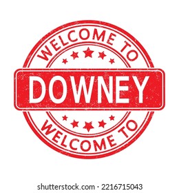 Bienvenido a DOWNEY. Impresión de un sello redondo con una escoria. Estilo plano