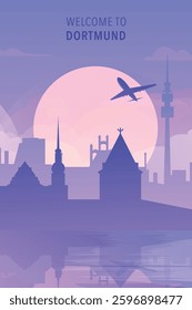 Welcome to Drotmund, Germany. Gradient city poster, card with shapes of skyline, waterfront and airplane. Europe travel vector illustration, print, graphic