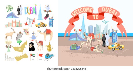 welcome to Dubai poster with set of hand drawing symbols icons of Dubai, flat style vector illustration