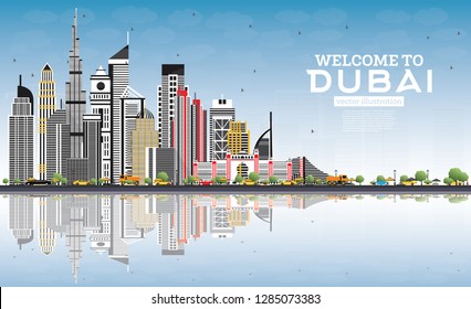 Bienvenidos al Skyline de los Emiratos Árabes Unidos de Dubai con edificios grises, cielo azul y reflexiones. Ilustración vectorial. Concepto de viajes y turismo con arquitectura moderna. Paisaje urbano de Dubai con monumentos.