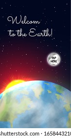 Welcome to the Earth web design with button. Earth planet with continents and ocean. Galaxy discovery and exploration. Realistic planet in deep space vector illustration. Astronomy and astrophysics.