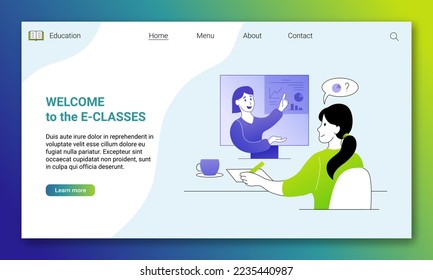 Welcome to the e-classes landing page, website template. Online education, homeschooling, distant training web banner with student learning at distance webinar cartoon thin line vector illustration
