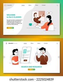 Welcome to e-classes, search and research landing page. Online education, distant training web banner with students learning and researching at distance webinar cartoon thin line vector illustration