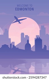 Welcome to Edmonton, Canada. Gradient Alberta province city poster, card with shapes of skyline, waterfront and airplane. North America travel vector illustration, print, graphic