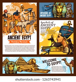 Bienvenidos a Egipto, los antiguos lugares de interés cultural egipcios y los viajes históricos de aventura. Esbozo vectorial Faraón momia, Esfinge o Nefertiti y Cheops o pirámides Tutankhamen en El Cairo