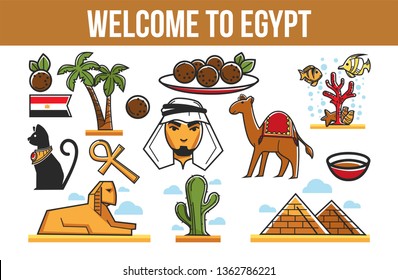 Welcome to Egypt architecture cuisine and animals Egyptian culture vector tourism pyramids and camel palms and sphinx coptic cross and cat bedouin and meat balls coral reef and cactus flag and tea.