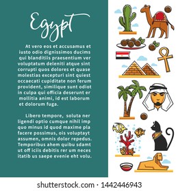 Welcome to Egypt architecture cuisine and animals Egyptian culture vector tourism pyramids and camel palms and sphinx coptic cross and cat bedouin and meat balls coral reef and cactus flag and tea.