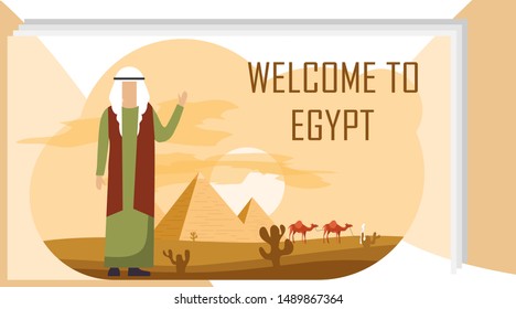 Welcome to Egypt. An Egyptian stands amid the Egyptian pyramids and a caravan of Bedouins and greets. Vector illustration of travel concept to Egypt.