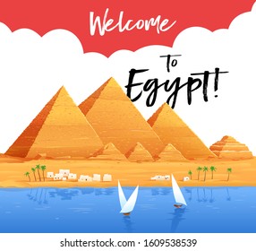 Welcome to Egypt. Flyer, poster. Pyramids, Cairo. Advertising. Vector illustration