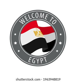 Bienvenidos a Egipto. Sello gris con una bandera ondeando. Colección de iconos de bienvenida.