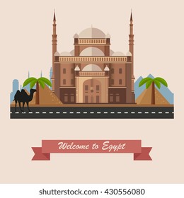 Welcome to Egypt. Historic sight showplace attraction. Vector Flat illustration with Cairo Citadel, Egyptian pyramids, camel, palm trees, city skyline. African resort, eps10.