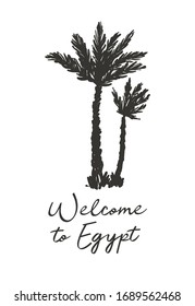 Welcome to egypt and palm tree. Egypt symbol. Ancient line logo design. Africa hand drawn vector illustration. Linear black sketch on white background.