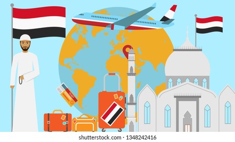 Welcome to Egypt postcard. Travel and journey concept of Islamic country vector illustration with national flag of Egypt