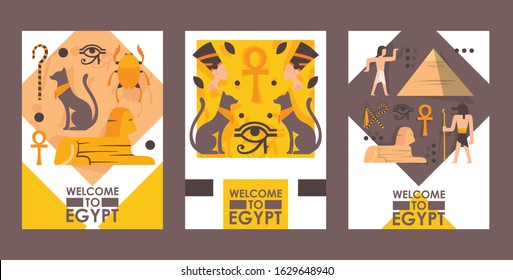 Welcome to Egypt promotional banner, vector illustration. Travel agency booklet template, sightseeing tour brochure. Symbols of Egyptian culture and history in flat style, pyramid, sphinx and cat