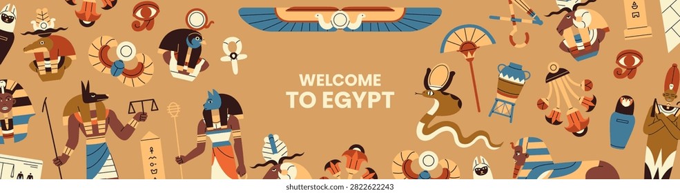 Welcome to Egypt template. Design of greeting banner with items of Egyptian civilization. Layout with ancient gods, sphinx, pharaoh pyramids and antique mythology characters. Flat vector illustration