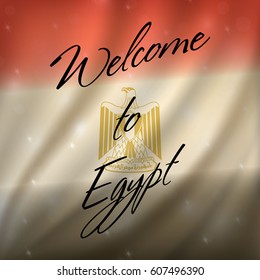 Welcome to Egypt text on bokeh styled background with flag of Egypt