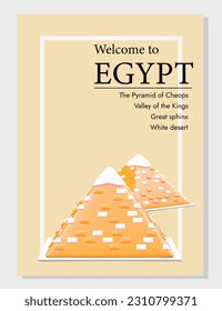 Welcome to Egypt. Its time to get acquainted with architecture of pharaohs era. Excursions to prominent places of country. Sights attractive for tourists. Poster with realistic pyramids