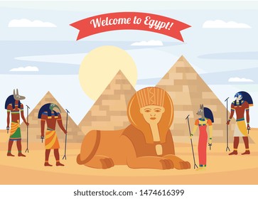 Welcome to Egypt tourists banner or flyer design template with pyramids and ancient egyptian gods vector illustration. Historical travel and tourism concept background.