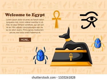 Welcome to Egypt. Travel concept. Ancient Egyptian symbols and decoration. Flat icons vector illustration on hieroglyphs texture background. Web site page and mobile app design.