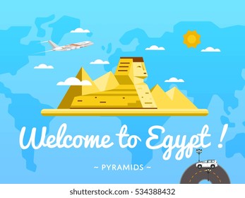 Welcome to Egypt. Vector egyptian panorama illustration. Travel poster with famous pyramid and Sphinx statue attraction landmark in desert. World traveling and tourism. Egypt tour invitation
