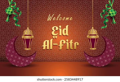 welcome eid al fitr template banner with beautiful islamic ornament with orange background design 41