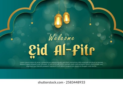 welcome eid al fitr template banner with beautiful islamic ornament with green background design 41