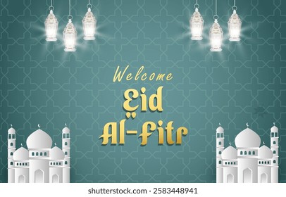 welcome eid al fitr template banner with beautiful islamic ornament with blue background design 41