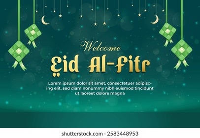 welcome eid al fitr template banner with beautiful islamic ornament and green background design 57