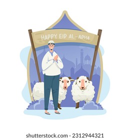 Welcome Eid al-Adha with illustration of muslim with sheep