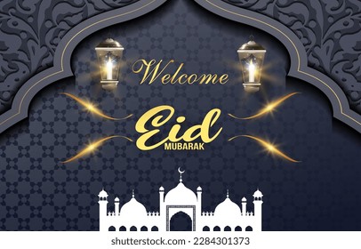 bienvenido banner de eid mubarak con hermoso ornamento islámico y diseño de fondo gris gradiente abstracto