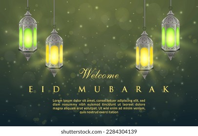 welcome eid mubarak banner with beautiful islamic ornament and abstract gradient green and yellow background design