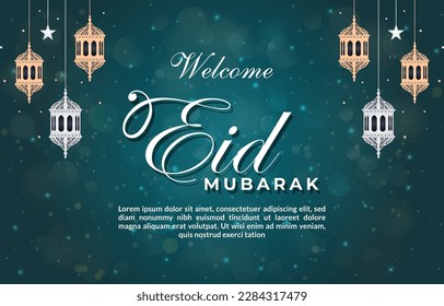 welcome eid mubarak banner with quote and beautiful shiny islamic ornament and abstract gradient blue and green background design