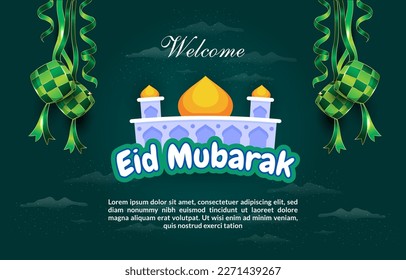 bienvenida id mubarak plantilla ilustración de banner con hermoso ornamento islámico y diseño de fondo verde gradiente abstracto