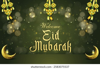 welcome eid mubarak template banner islamic ornament with green background design 31
