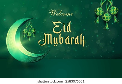 welcome eid mubarak template banner islamic ornament with green background design 37