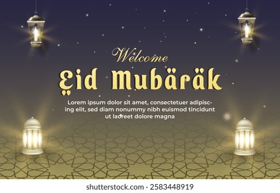 welcome eid mubarak template banner with beautiful islamic ornament and purple background design 61