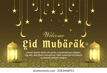 welcome eid mubarak template banner with beautiful islamic ornament and brown background design 61