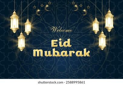 welcome eid mubarak template banner with beautiful islamic ornament with blue background design 12