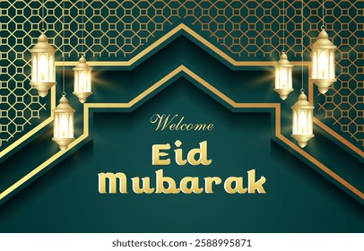 welcome eid mubarak template banner with beautiful islamic ornament with green background design 12