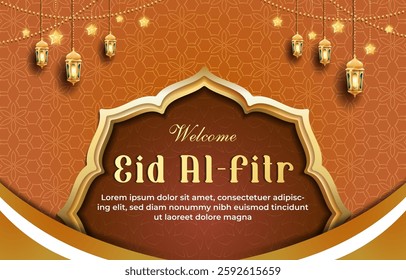 welcome eid mubarak template banner with beautiful islamic ornament with orange background design 96