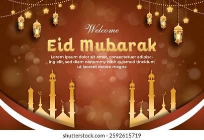 welcome eid mubarak template banner with beautiful islamic ornament with brown background design 96