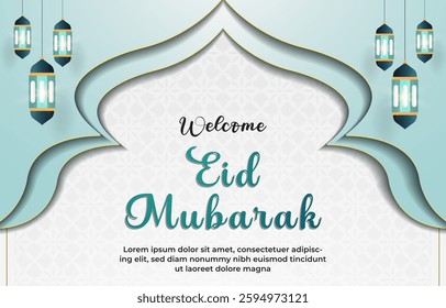 welcome eid mubarak template banner with beautiful islamic ornament with blue background design 97