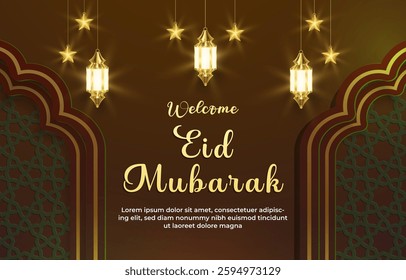 welcome eid mubarak template banner with beautiful islamic ornament with brown background design 95